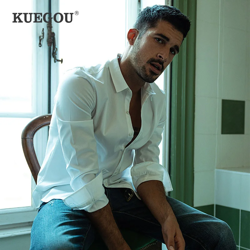 KUEGOU 2022 Spring Black White Casual Shirt For Men Oversize Male Fashion Slim Unusual Collar Button Long Sleeve Clothing 3282