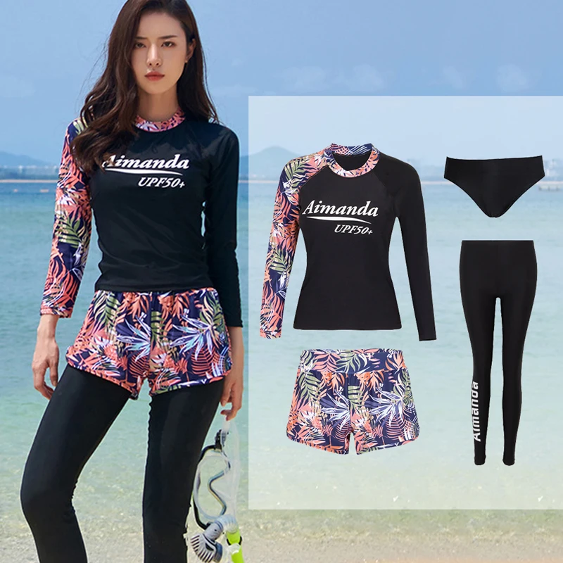 

UPF50+ Plus Size Rash Guard Women Long Sleeve Two Piece Swimsuit Print Surfing Suit Boyleg Bathing Suit Swimwear Tummy Control