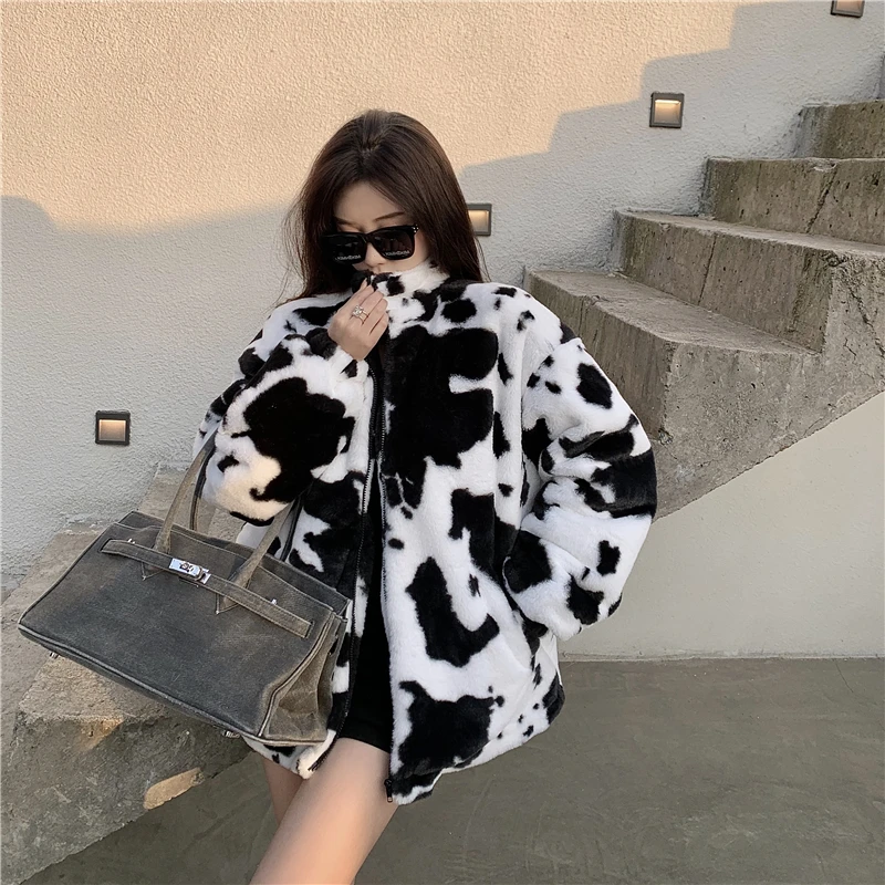 

New product foreign style ins tide fashion casual wild cotton coat cow pattern rabbit mink fur coat female