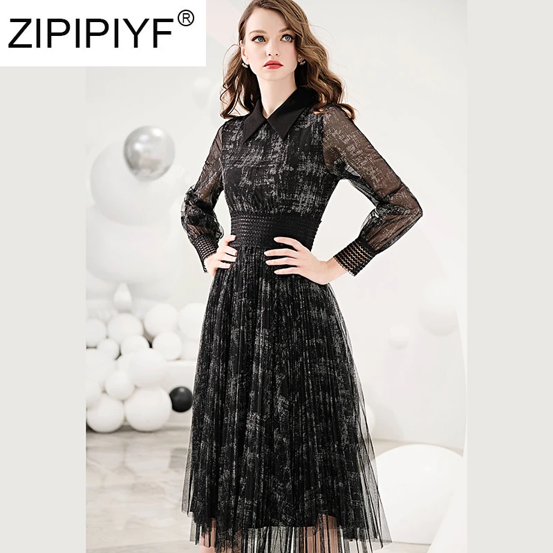 

2020 Spring New Silver Silk Printed Mesh Yarn Patchwork Dress Lantern Sleeve Elegant Women Pleated Dress C171