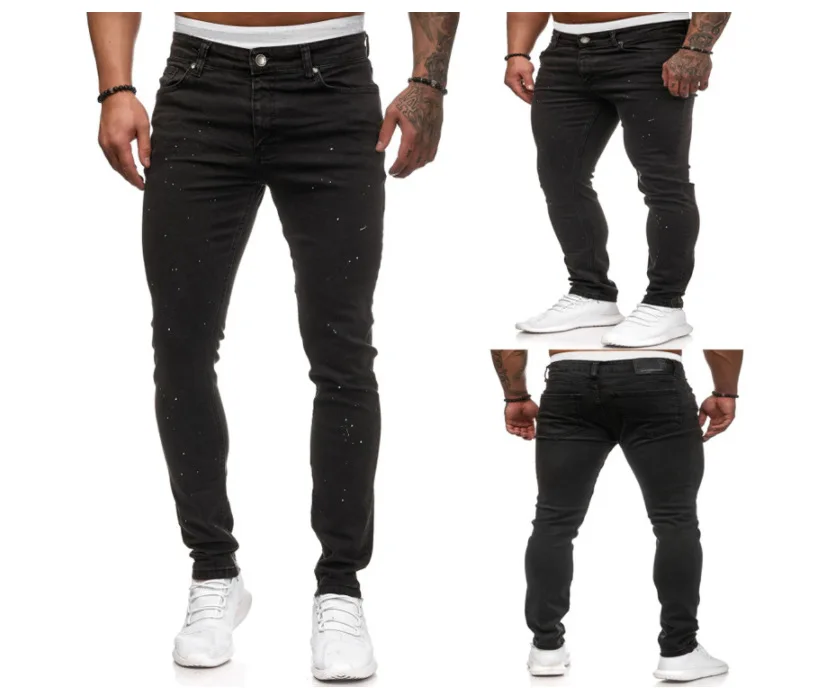 

New fried bleached elastic small leg jeans for men