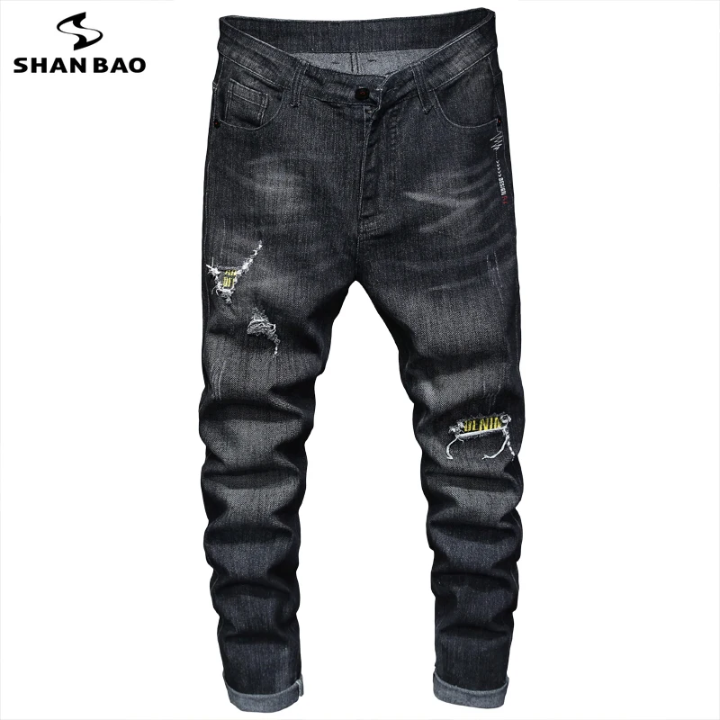 

SHAN BAO 2021 Autumn Brand Plus Size Straight Black Jeans Classic Style Embroidery Youth Men's Fashion Casual Denim Jeans