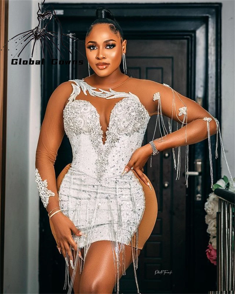 

New Fashion O Neck Short Prom Dress Beaded African Black Girls Tassel Dinner Gown For Ladies Mini Cocktail Homecoming Vestidos