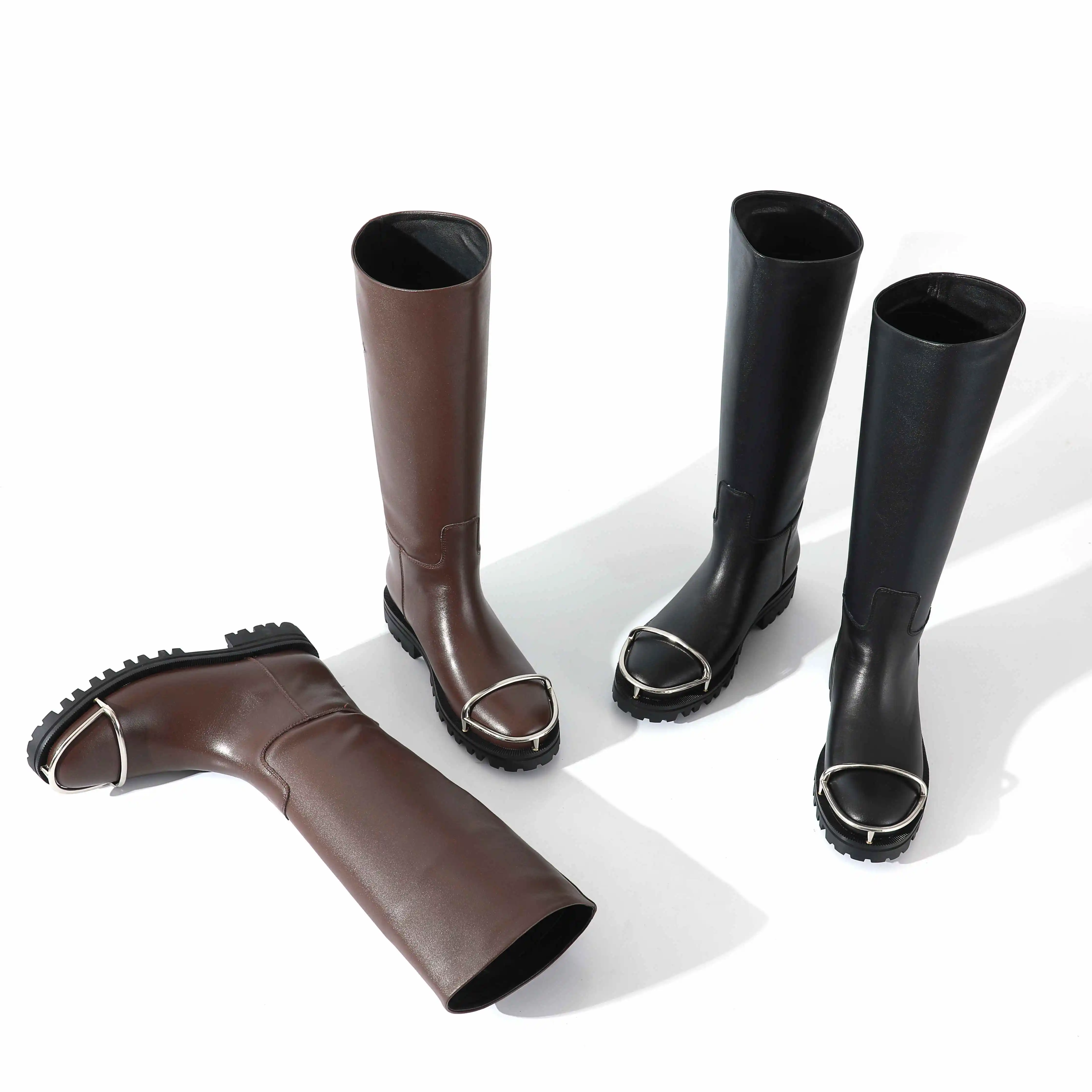 

Lenkisen high quality natural leather mixed colors platform round toe thick med heel slip on young lady cozy knee high boots L83