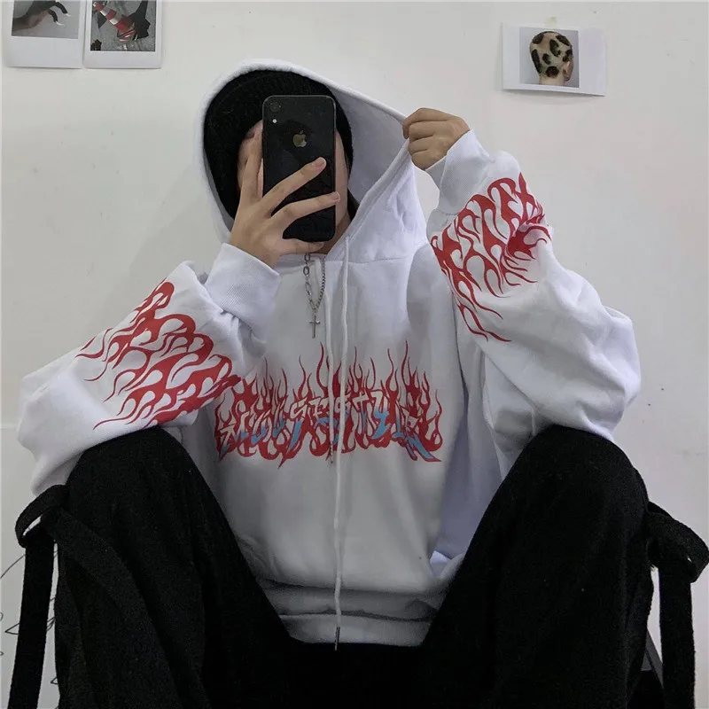 

Autumn Fashion Cute Flaming Fire Print Hoodie Woman Streetwear Black Casual Loose Hip Hop Pullover Hoodies Fashion Sweatshirts