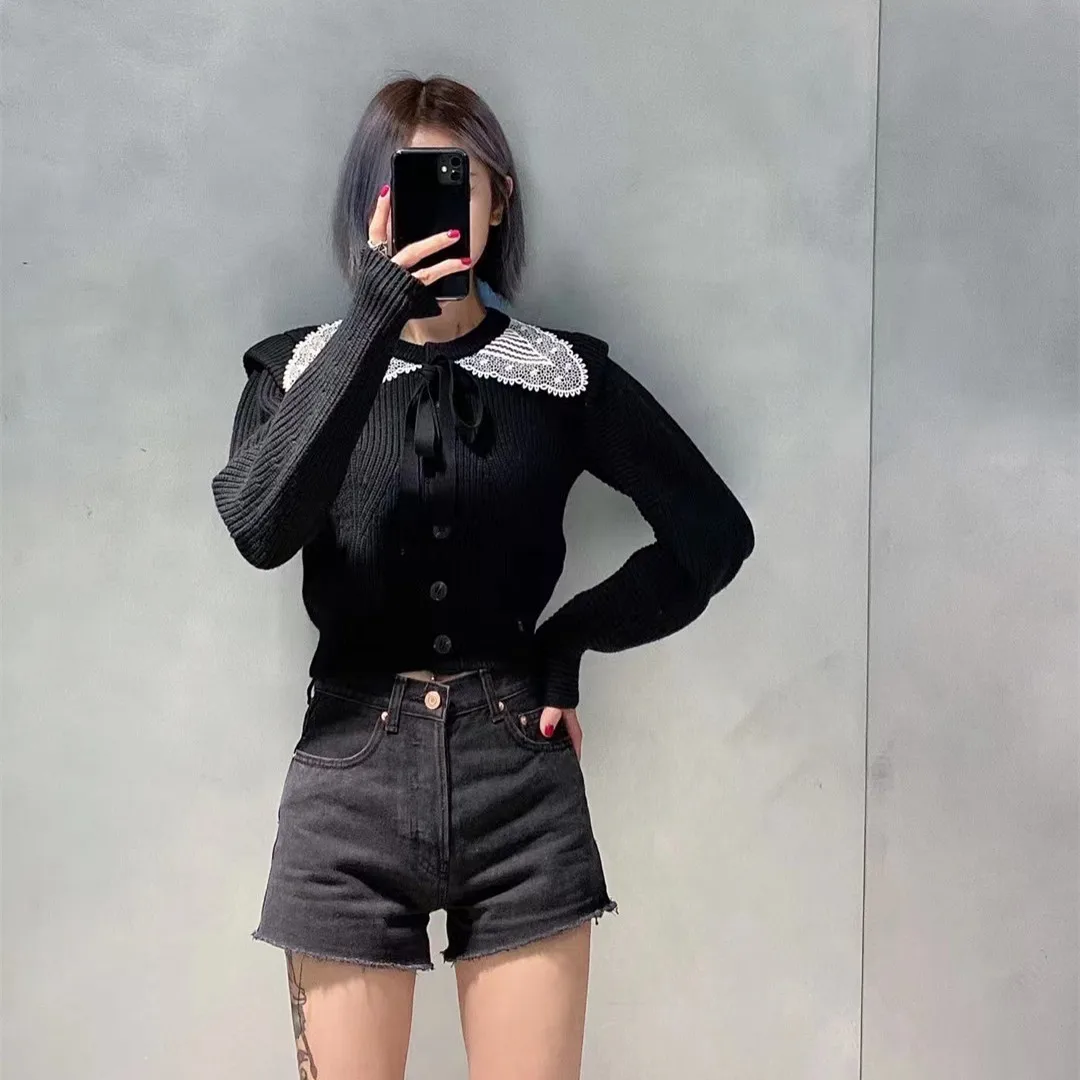 

Korean Fashion Black Sweater Women 2021 Autumn Winter Elegant Bow Knitted Cardigan Mujer Luxury Designers Tops Femme