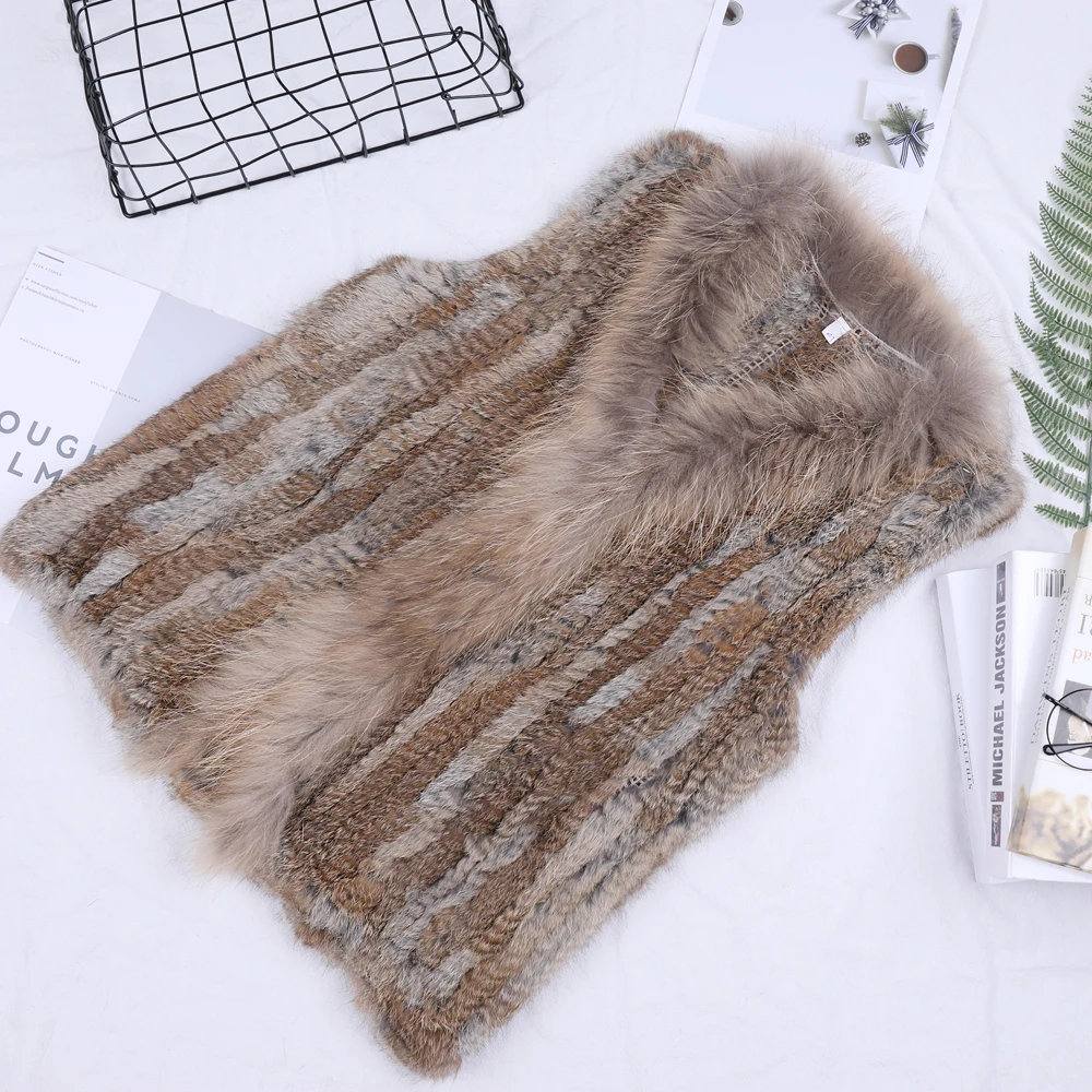 SUPPEV&STTDIO 2020 New Women's Genuine Rabbit Fur Knitted Raccoon Fur Collar Vest Vests Real Fur Sleeveless Gilets Wholesale