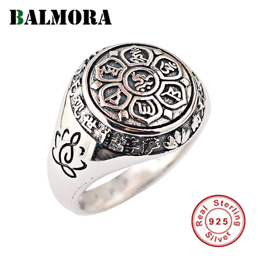 BALMORA Real 925 Sterling Silver Buddhism Retro Spinner Stacking Rings for Women Men Couple Six Words' Mantra Fashion Jewelry