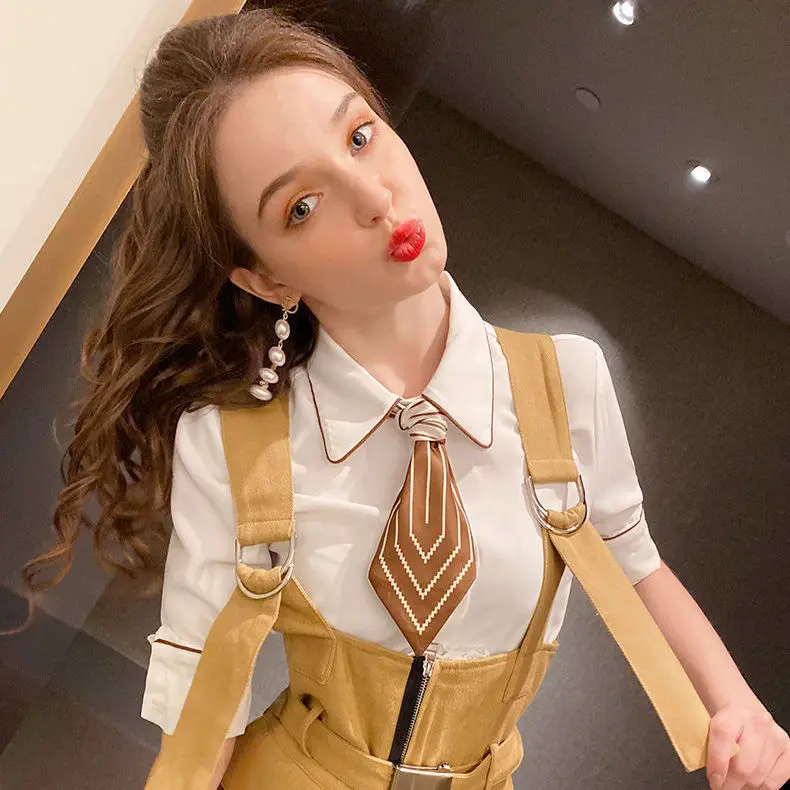 

2021 Spring and Summer Suit Hong Kong Style Retro Short-Height Casual Fashion Shirt Suspender Pants Two - Piece Set