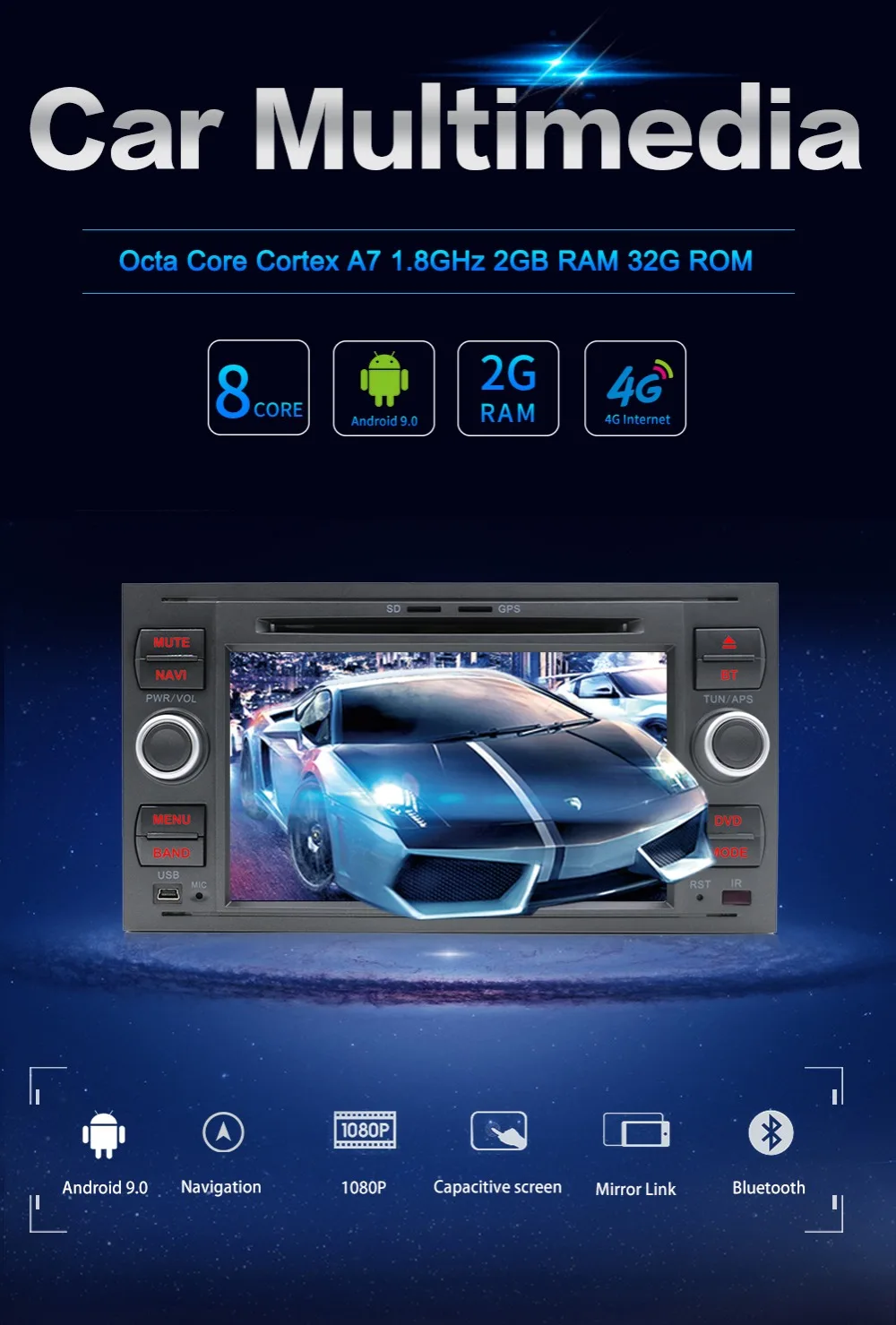 Автомобильный мультимедийный dvd-плеер 2Din Автомагнитола gps Android 9,0 для Ford Focus 2 Mondeo 4 C-Max S-Max Ford Fiesta Kuga Fusion Galaxy