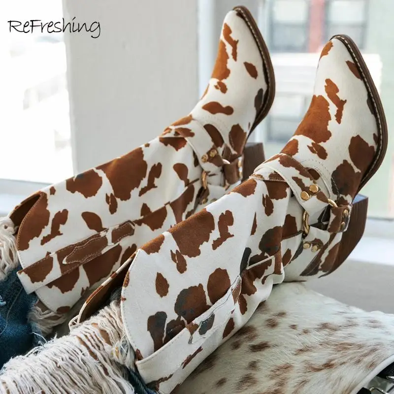 

Женские модельные ботинки из коровьей кожи, коричневые ботинки до середины икры с узором из коровьей кожи, женские ботинки на толстом каблу...