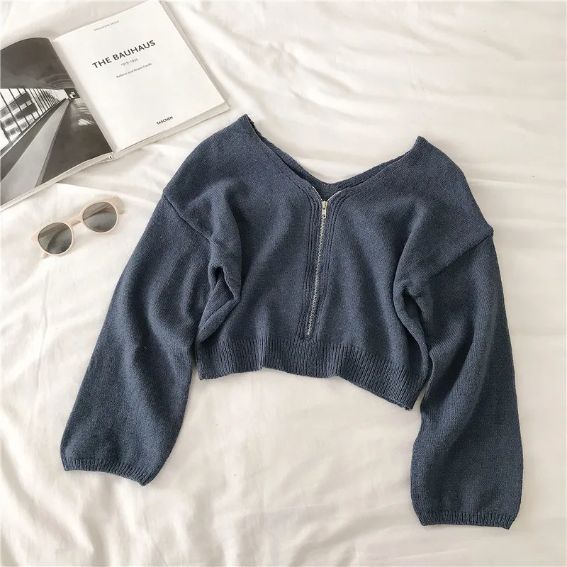 

Sexy V Neck Zipper Knitted Sweater Womens Long Sleeve Pullover Korean Short Sweaters Autumn Elegant Solid Loose Female Jumper