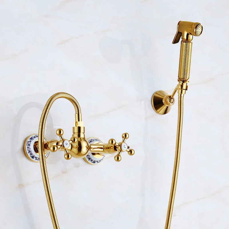 

Bidet Faucet Mixer Gold Brass Bathroom Shower Tap Washer Mixer Muslim Ducha Higienica Cold and Hot Tap Crane Square Shower Spray
