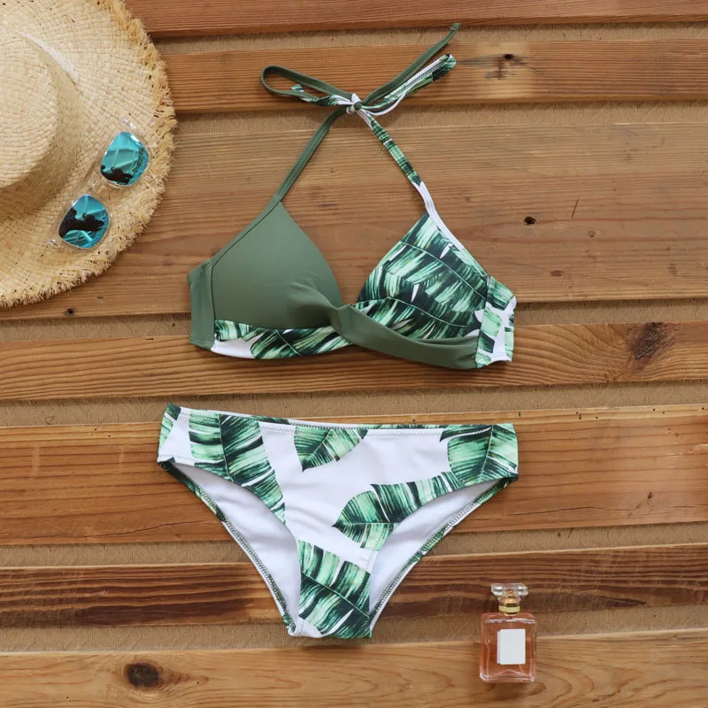 

Riseado Sexy Push Up Bikinis Set Swimwear Women Swimsuits Bathing Suit Women Halter Biquini Leaf Print Beach Wear Bikini 2020