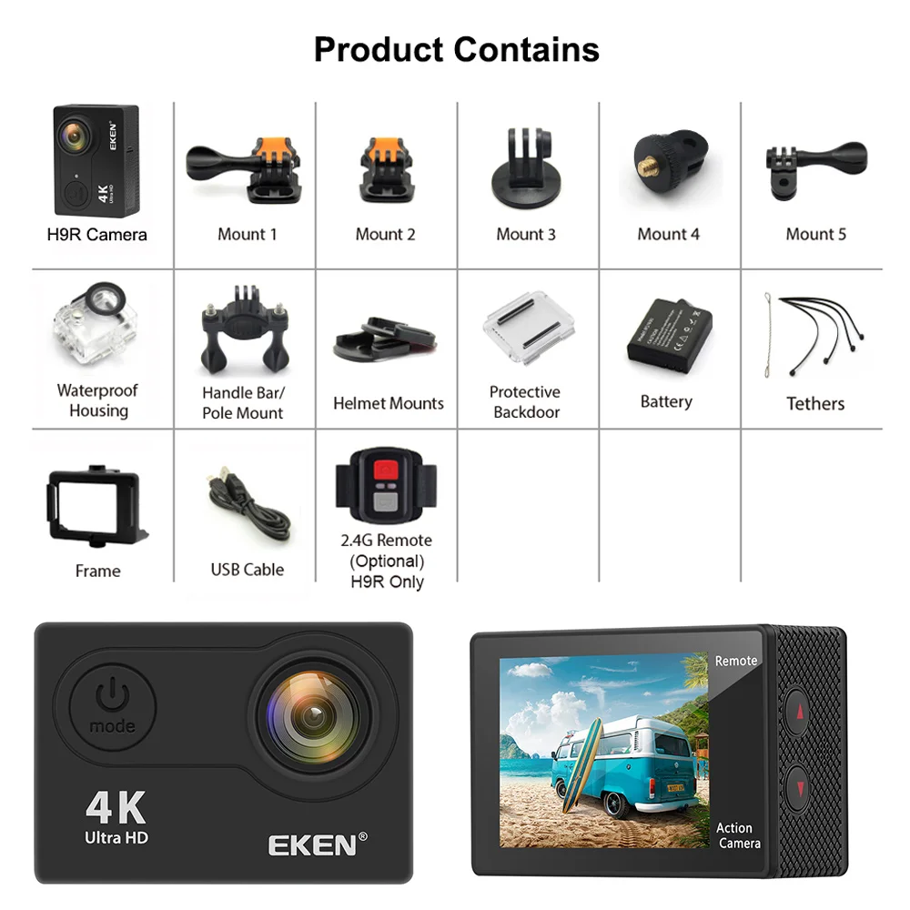 Экшн-камера EKEN H9R Ultra HD 4K 30fps Противоударная Цифровая Wi-Fi 170D водонепроницаемая