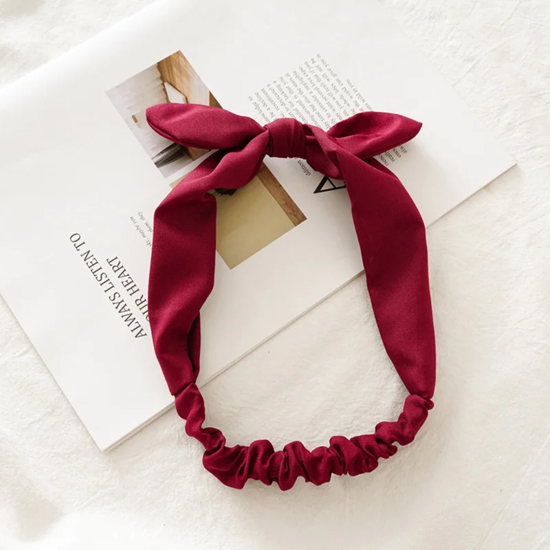 style 2 wine red Женский ободок с кроличьими ушками, однотонные полосатые хлопковые эластичные резинки для волос, бант, повязка на волосы "тюрбан", модные женские аксессуары для волос для девочек - Цвет: style 2 wine red