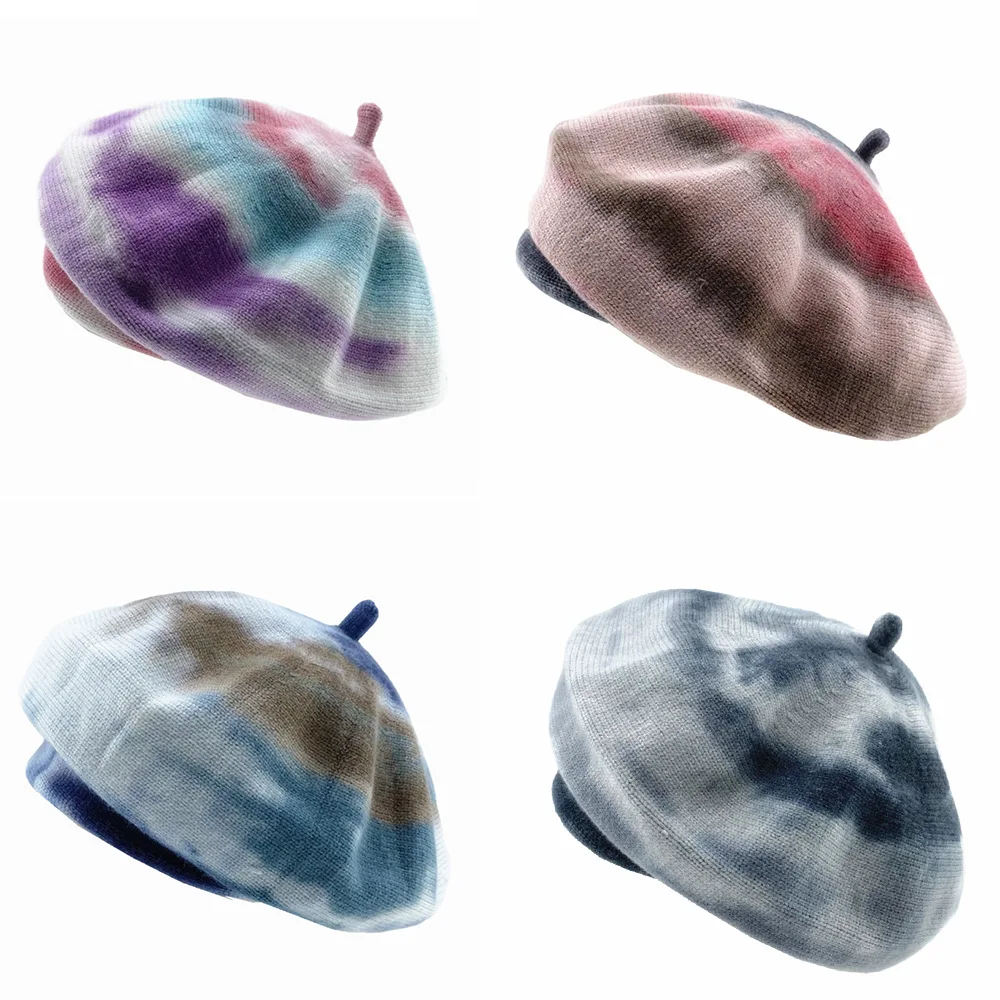 BPP Winter Beret Hat For Women Artist Tie-Dyed Wool Cotton Wild Knitted Hat Elegant Fashion Beanie Cap Beret Warm Hat Unisex