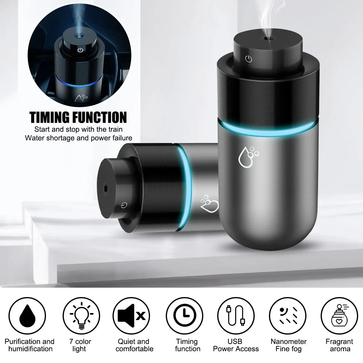 

Mini Car Air Humidifier Portable USB Car Humidifier Multifunction Silent Ultrasonic Humidifier 200ml Diffuser Cool Mist for 12H