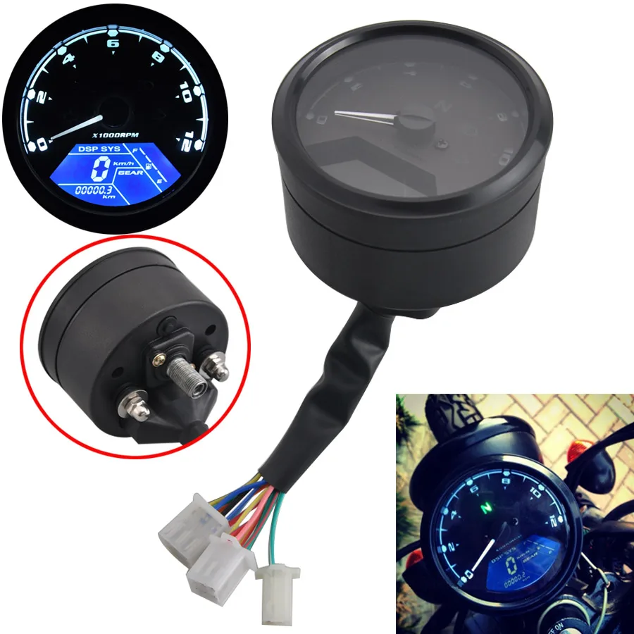 Black Motorcycle Speedometer Odometer Techometer Gauge Dual Speed LCD Digital Multi-function for Cafe Racer 2 - 4 Cylinders