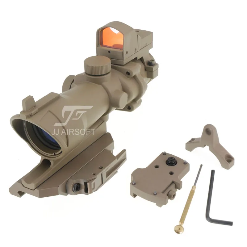 JJ Airsoft ACOG Style 4x32 Scope with Mini Red Dot AC12033 Bobro Quick Release / QD Mount (Black/Tan) | Спорт и развлечения