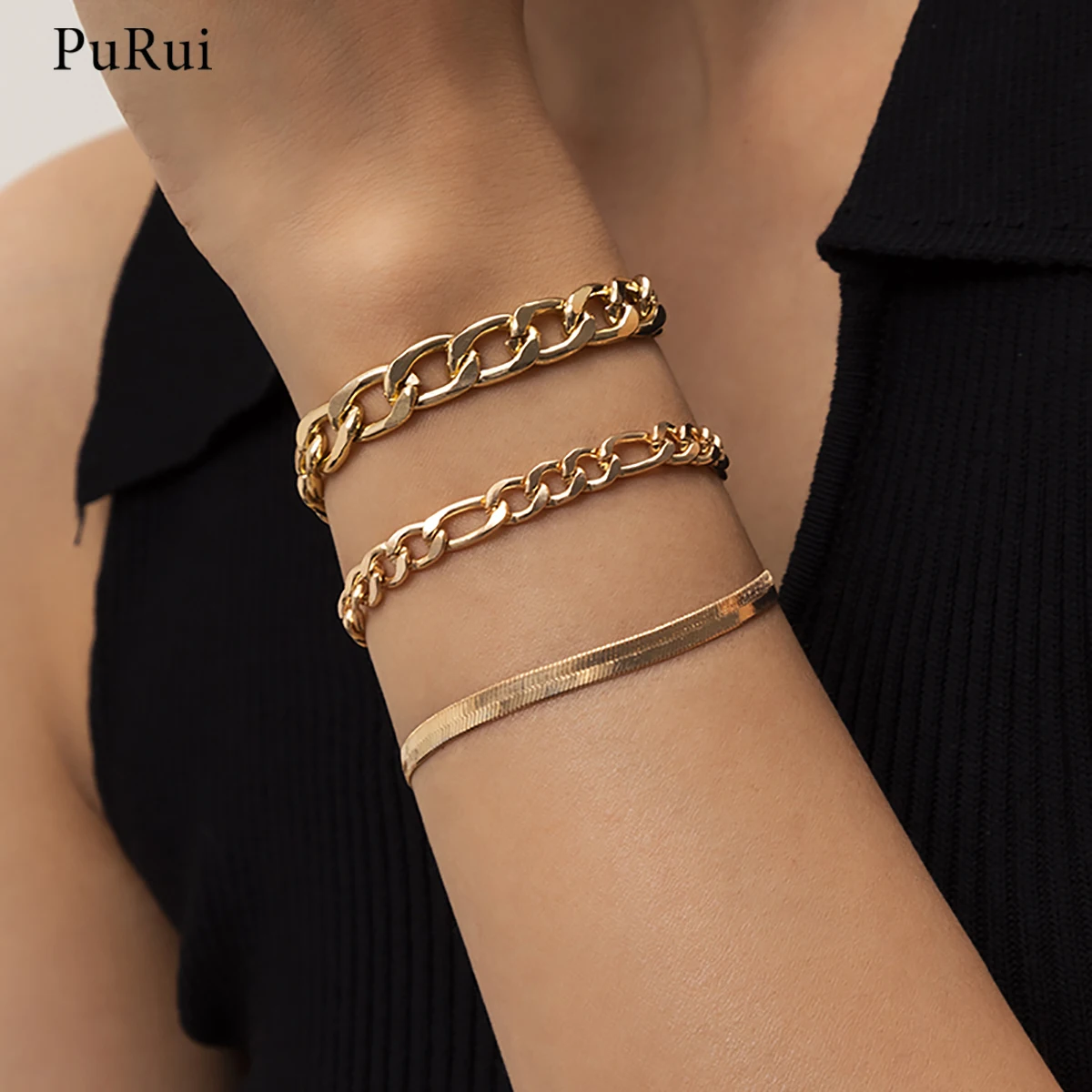 

PuRui Punk Layered Simple Snake Chain Bracelets for Women Charms Chunky Wrist Hand Chain Thick Bracelet Set 2021 Fashion Jewelry