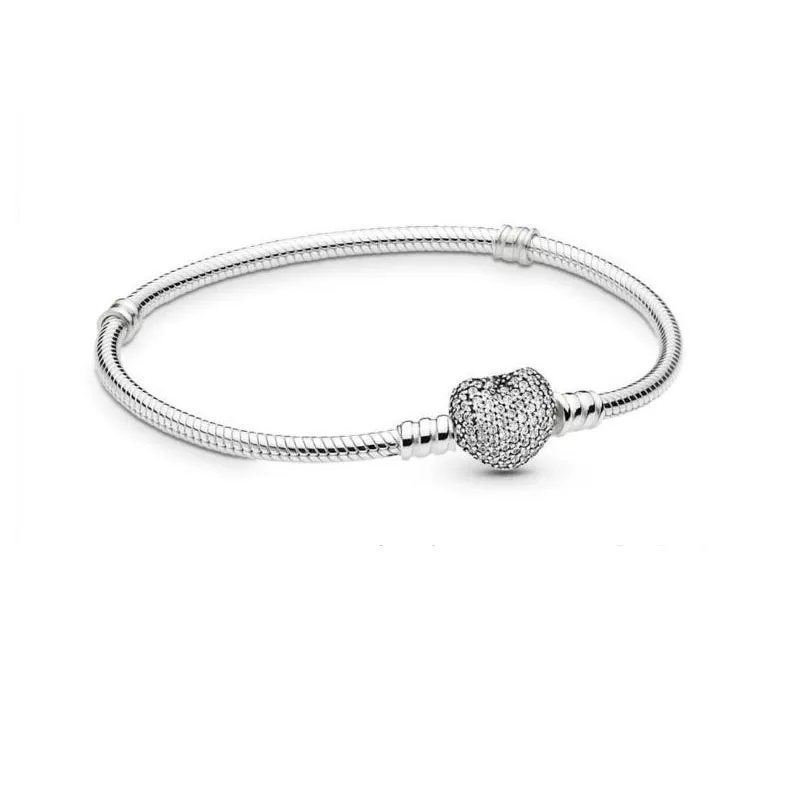 

Kc Klassieke Vrouwen Armband Zilver Kleur Handgemaakte Pave Zirkoon Hartvorm Gesp Snake Chain Charm Armband Fit Diy Bead