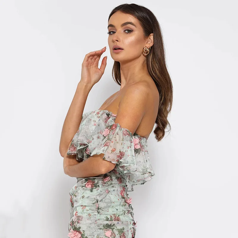 Chiffon Ruffles Sundress Women Elegant Off Shoulder Bandage Dress Sexy Floral Print Summer Beach Backless Dresses Pink Bohemia | Женская