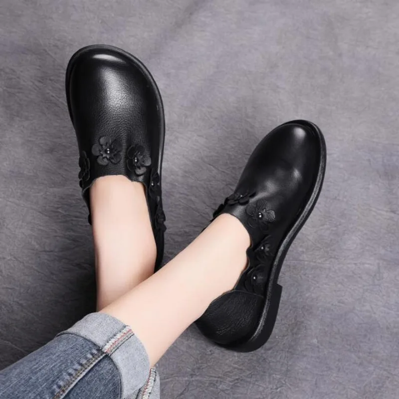 2020 New Women Flat Shoes Round Toe Slip-On Handmade Shoes Woman Genuine Leather Singles Shoes Women Loafers