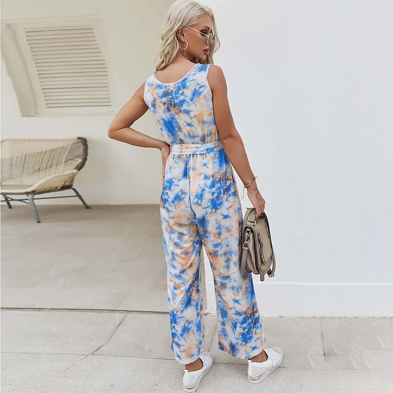 

Casual Fashion Tie-Dye Femal Sleeveless Jumpsuit Summer Beach Holiday High Waist Straight Trousers Comfortable Home Women Romper