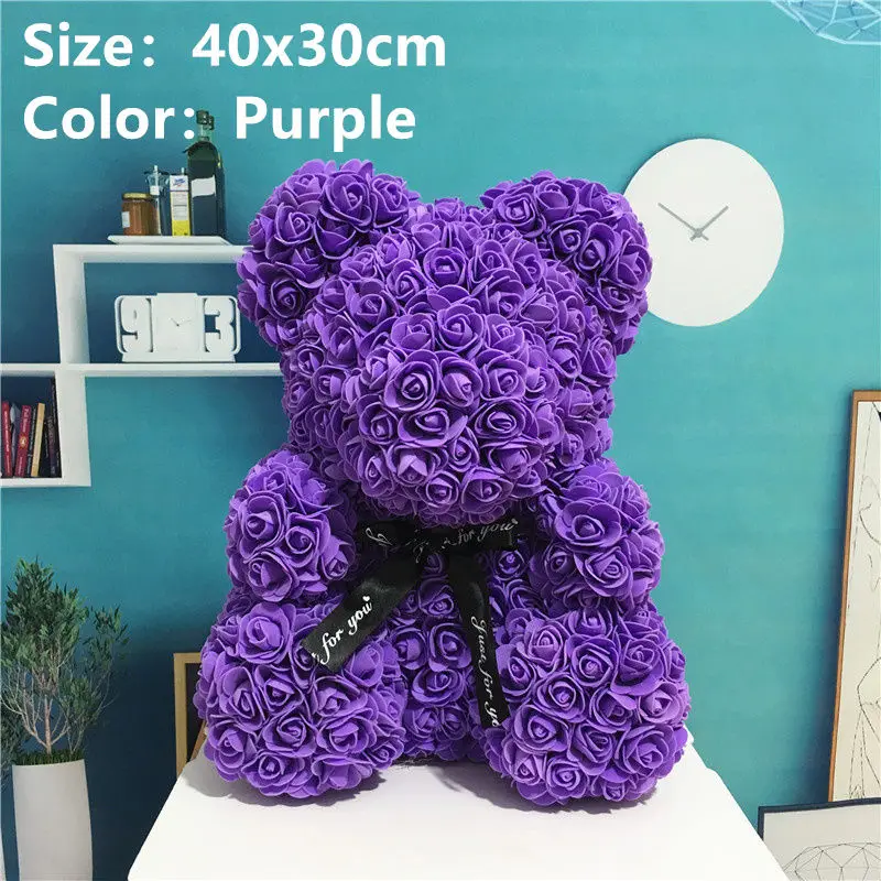 Purple 40x30cm Искусственные цветы Роза медведь многоцветный пластик пена роза цветок плюшевый медведь День Святого Валентина подарок День Рождения Вечеринка весеннее украшение - Цвет: Purple 40x30cm