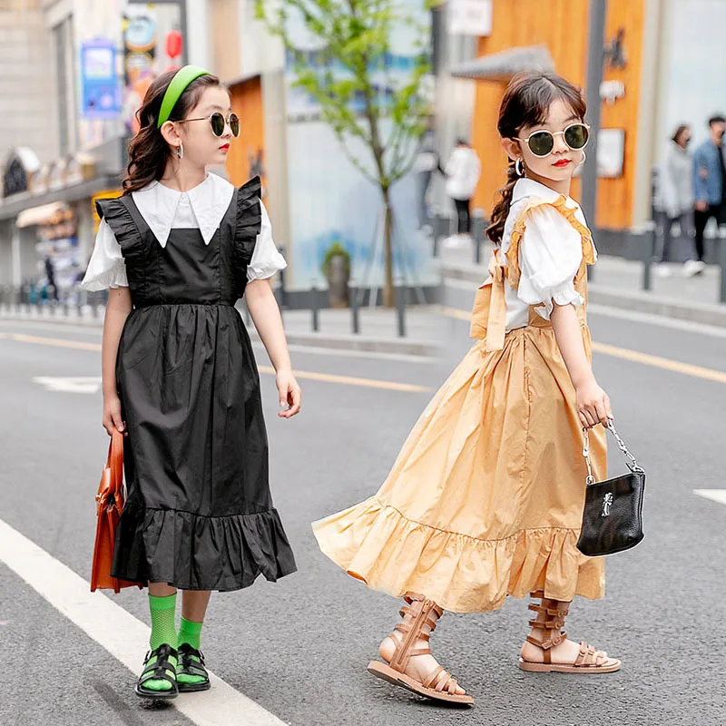 

Ruffle Puff Sleeve Dress Sets for Girls Summer Outfit White Children Clothes Blouse Sling Princess Dress 2pcs Teens Clothing 8 Y