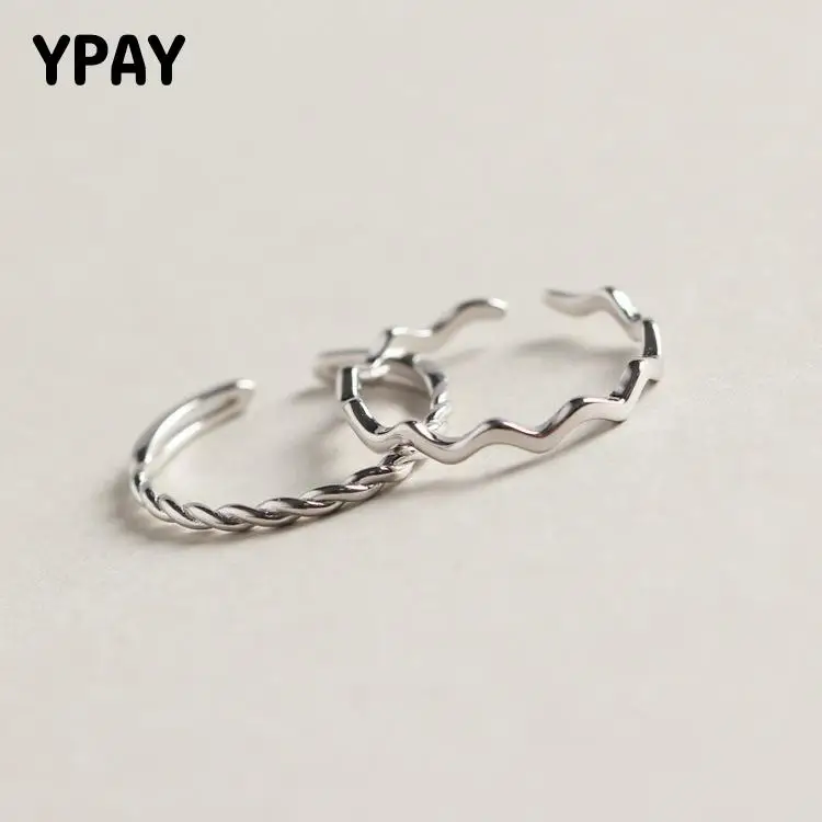 

YPAY Pure 100% 925 Sterling Silver Wave Open Rings For Women Personality Simple Style Lady Prevent Allergy Fine Jewelry YMR752