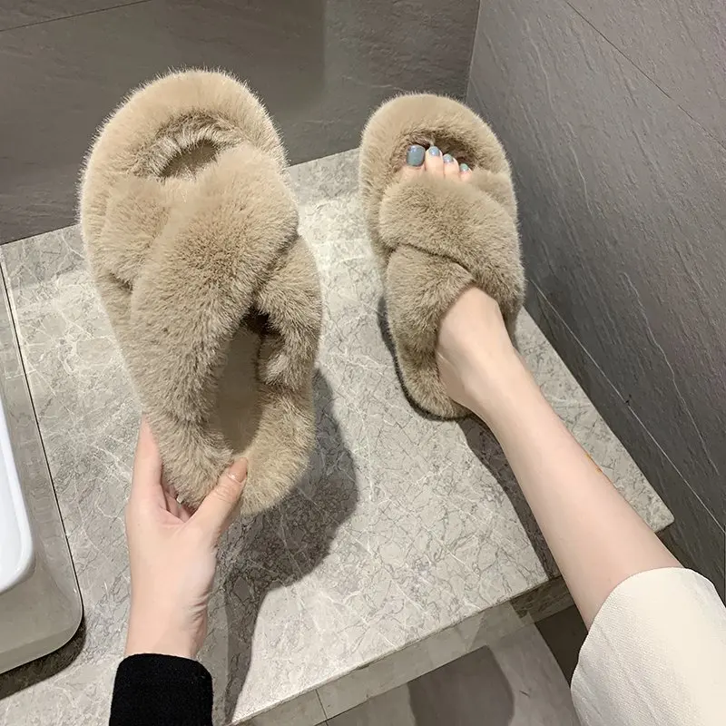 

Faux Fur Home Slippers Fluffy Women Slides Comfort Furry Flat Sandals Female Cute Slippers Shoes For Woman Indoor Flip Flops