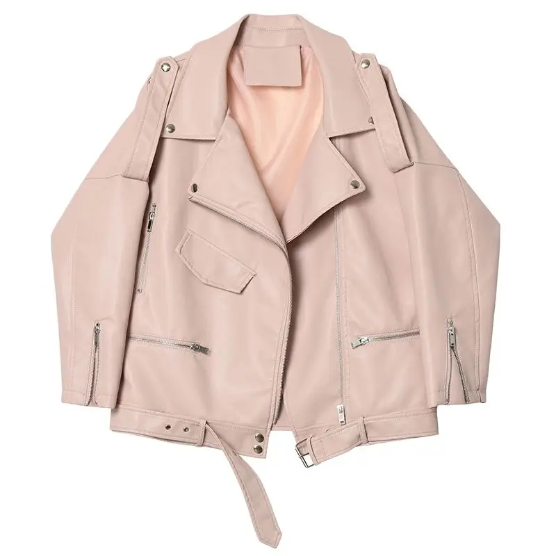 

Autumn Women Faux Soft Leather Loose Jacket Coat Turndown Collar Zipper Pu Motorcycle Overcoat Female Rivet Punk Jacket