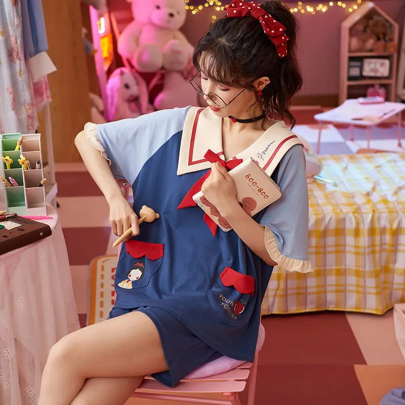 Women Soft Pajama Set Summer Short-sleeved Shorts Suit Pajamas for Women Cool and Cute Princess Style Home Clothes Nightwear