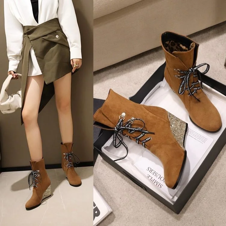 

Autumn and winter new large women's shoes suede lace up sequins pointed slope heel short boots women's boots high heels Martin