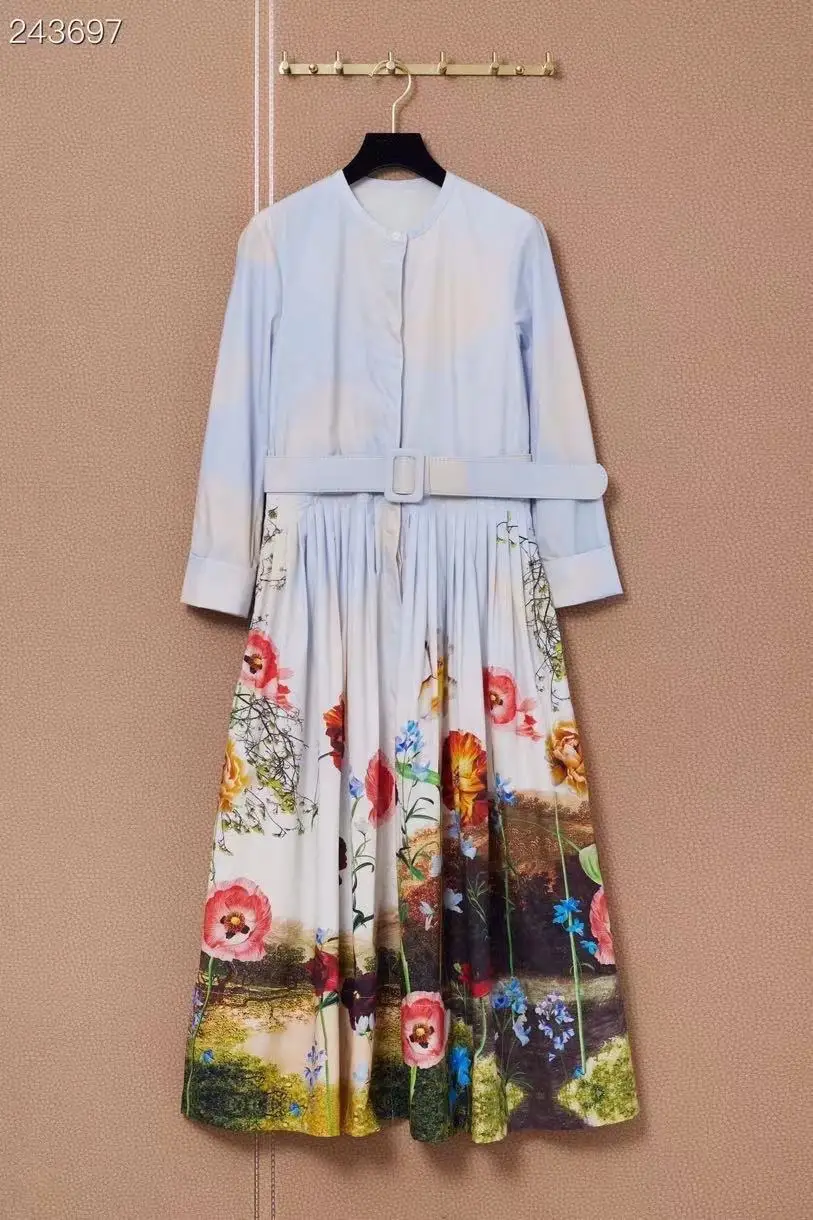 

Dresses Women 2021 Runway Fashion Designer Elegant Casual Slim Long Sleeves Belt Pleated Party Floral Print Long Cotton Dress