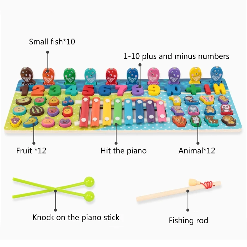 

Montessori Educational Wooden Toys Children Busy Board Math Fishing Knocking Piano Preschool Kids Toy
