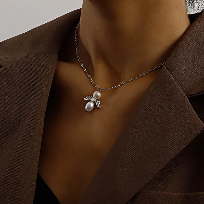 

Trendy Boho Pearl Choker Angel Pendant Chain Gold Silver Color Necklace for Women Wedding Party Fashion Jewelry Gift