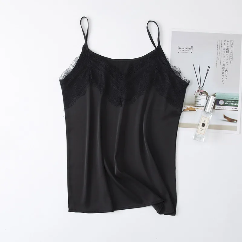 

Sexy Tank Top V-neck Camisole Female Vest Summer Sexy Silk Loose Bottoming Shirt Lace Camis Streetwear Woman Clothes Black Shirt