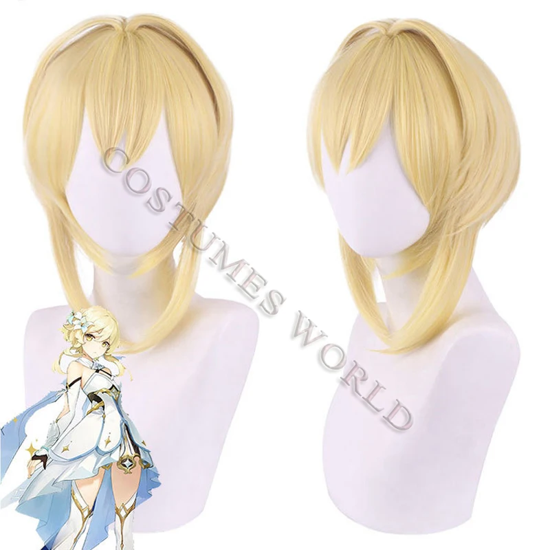 

Genshin Impact Traveler Lumine Wig Cosplay Player Blonde Short Straight Bangs Heat Resistant Hair Adult Girl Halloween Role Play