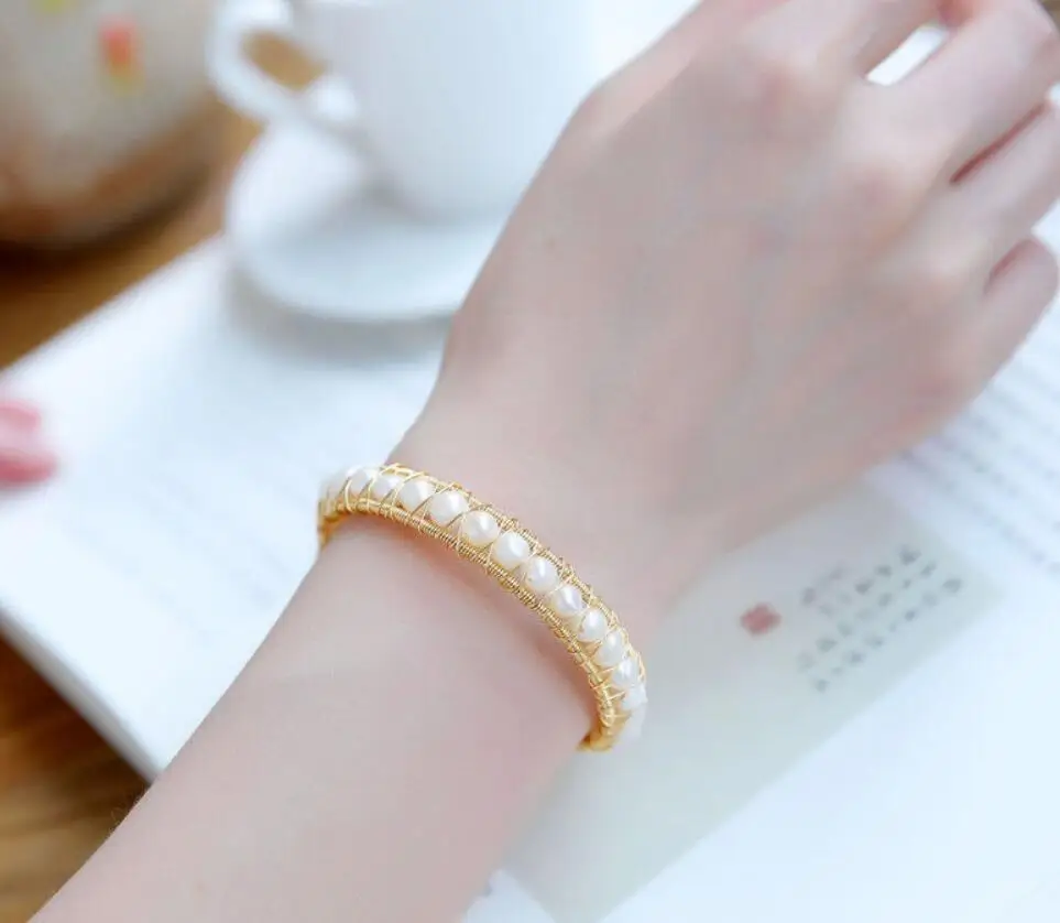 

Natural White Freshwater Pearl Texture Handmade Vintage 14k Gold Wrap Bracelet