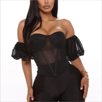 bola 2021 underwire boned corset women off shoulder sheer mesh blouses black short puff sleeve push up padded sexy tops summer