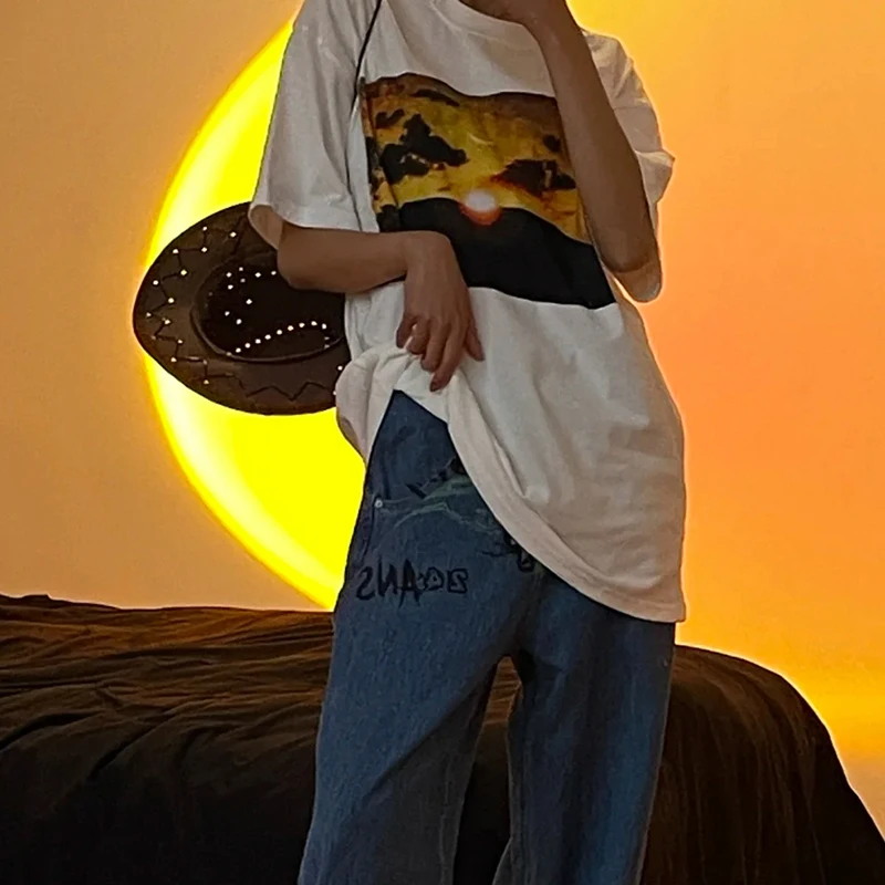 Женские Модные свободные футболки в Корейском стиле топы с природным пейзажем