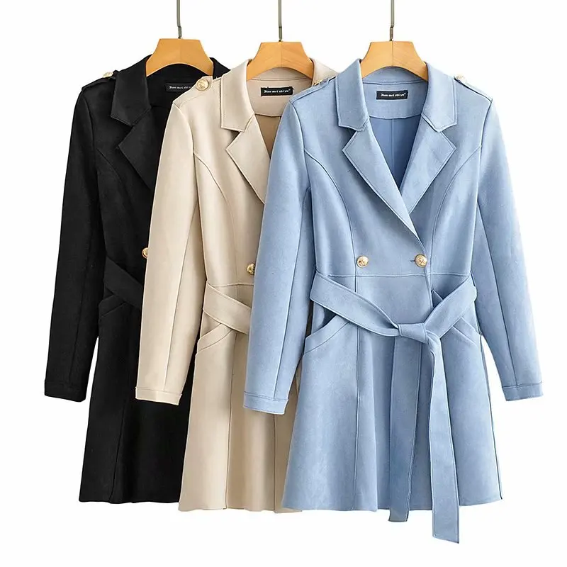 

2020 Fall New Loose Casual Suede Lace Mediumn Long Double Breasted Lac Up Windbreaker Jacket For Women's Solid Color All Match
