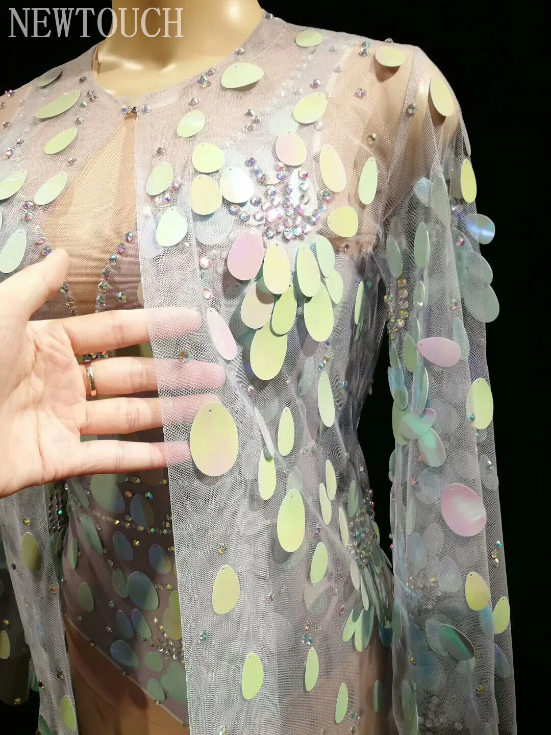 

AB Rhinestone Sequin Sexy high-elastic long-sleeved bodysuit women Female Singer Dancer Bright Bodysuit One-piece Coat