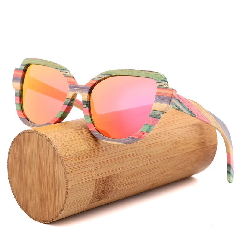 Pink - bamboo box Высококачественные модные женские поляризованные солнцезащитные очки с кошачьими глазами для женщин цветные деревянные солнцезащитные очки ручной работы с деревянной коробкой для очков - Цвет линз: Pink - bamboo box