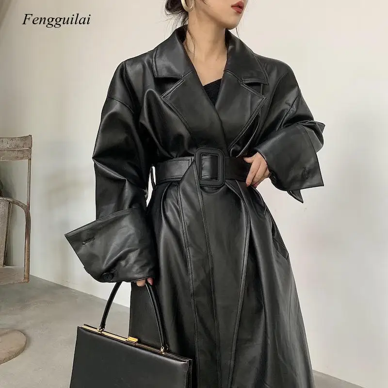 Long Oversized Leather Trench Coat for Women Long Sleeve Lapel Loose Fit Fall Black Women  Clothing Streetwear enlarge
