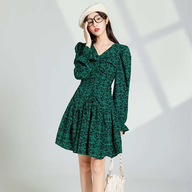 

Fashion Elegant Chic Women Spring Fall Green Printed Long Sleeve V Neck Runway High Quality Ruffles Pleated Casual Mini Dress
