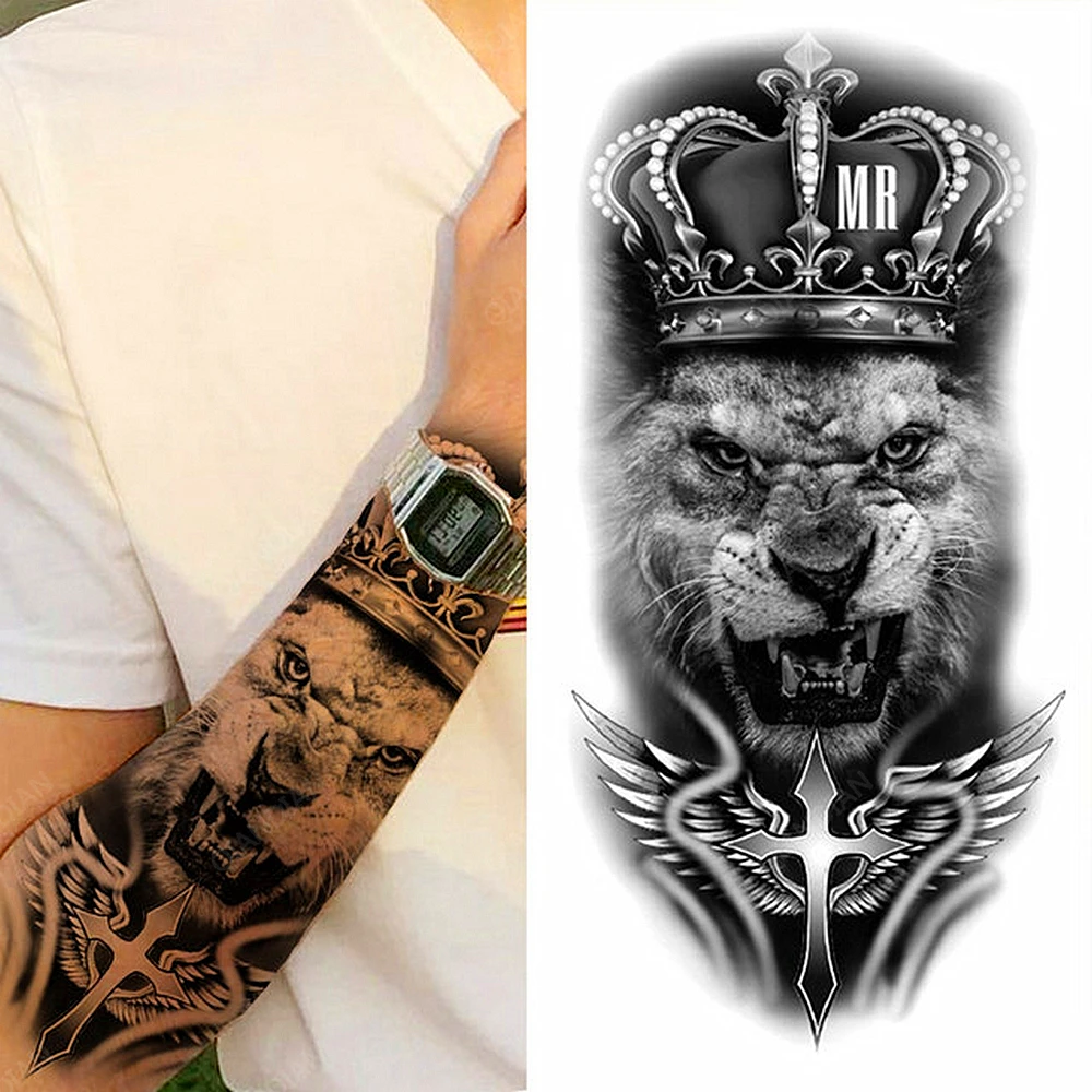 

1pc Animal Lion Men Waterproof Temporary Tattoos Fake Stickers Arm Cool Art Big Hipster Black Cross Wings King Crown Ferocious